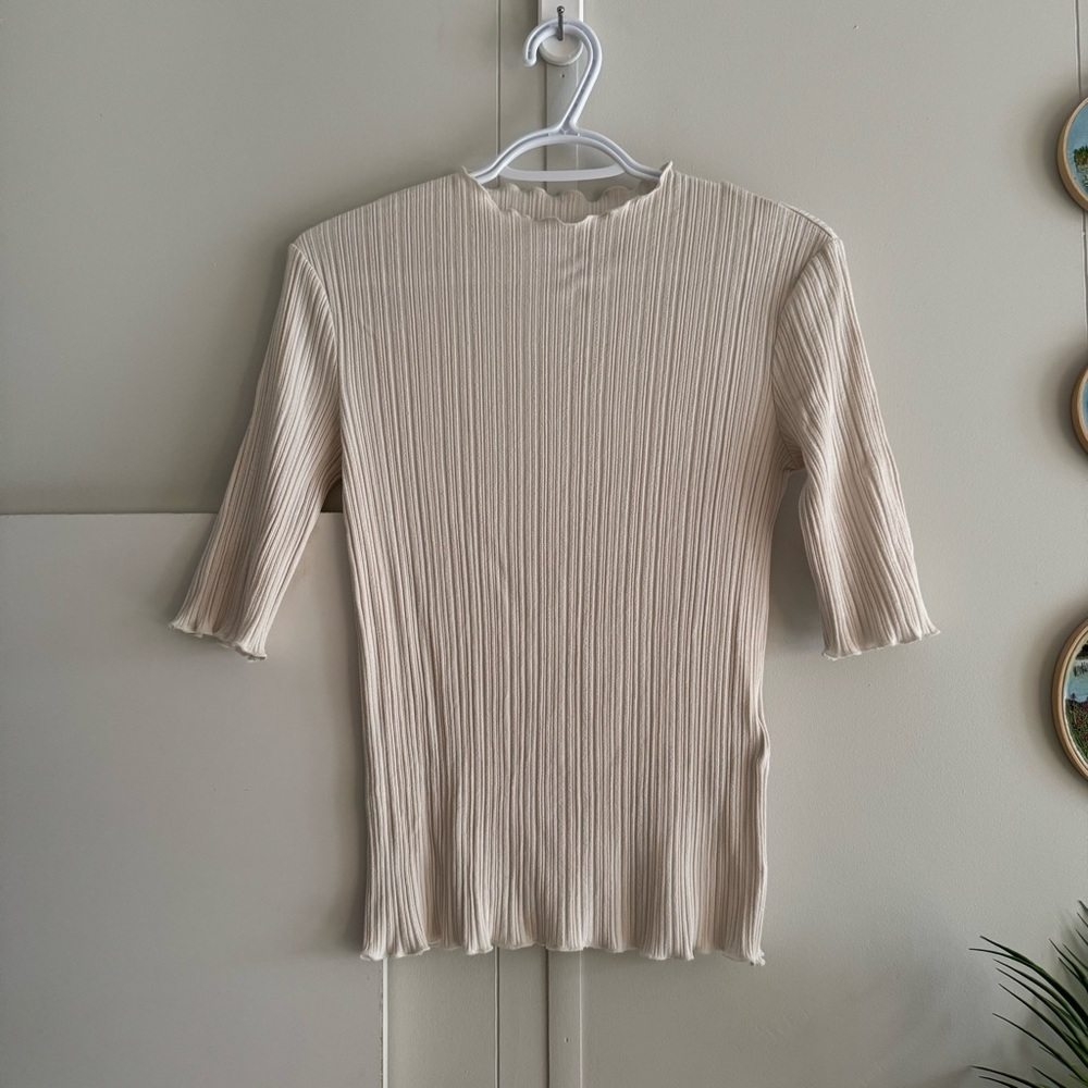ESQUALO Cream Ribbed Mid-Sleeve Top S